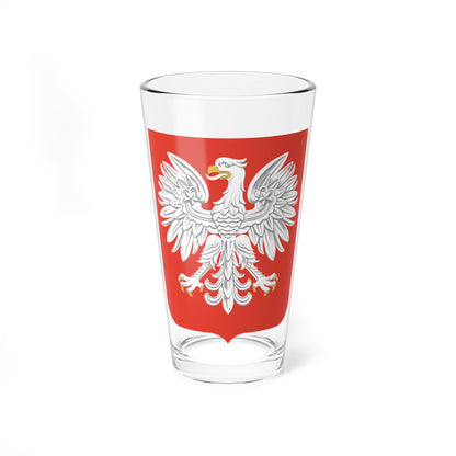 White heraldic eagle with spread wings and gold beak and talons on a red shield-shaped background.