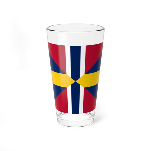 Flat graphic flag with a vertical navy and white Nordic cross over diagonal navy and red quadrants and a yellow band.