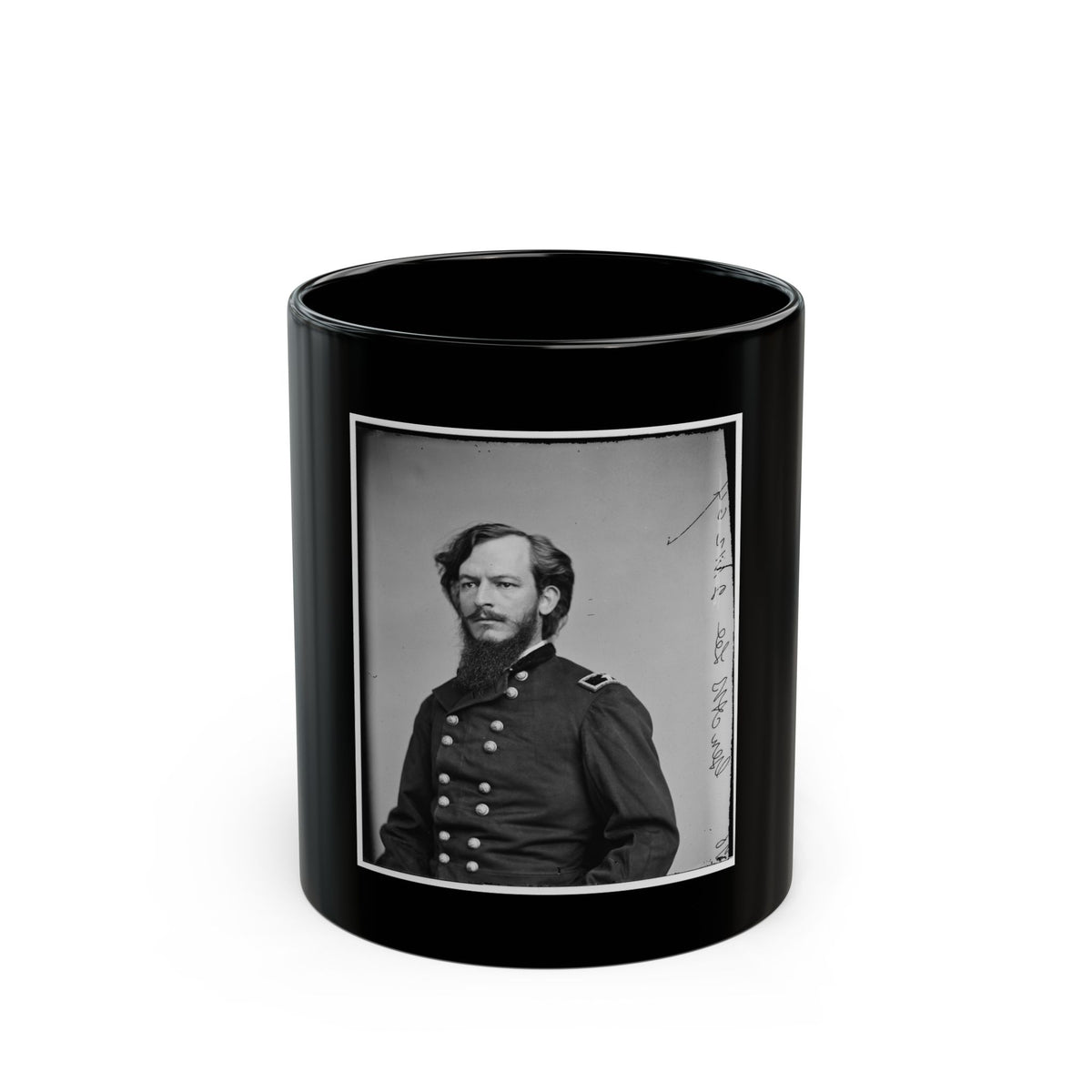 Black-and-white vintage portrait of a bearded man with long hair in a double-breasted military uniform.