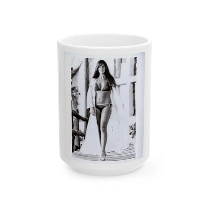 Caroline Munro #409 - 8x10 B&W Full Body in 2-Piece Bikini Photo Original from 1977 (Vintage Female Icon) White Coffee Mug-15oz-Go Mug Yourself