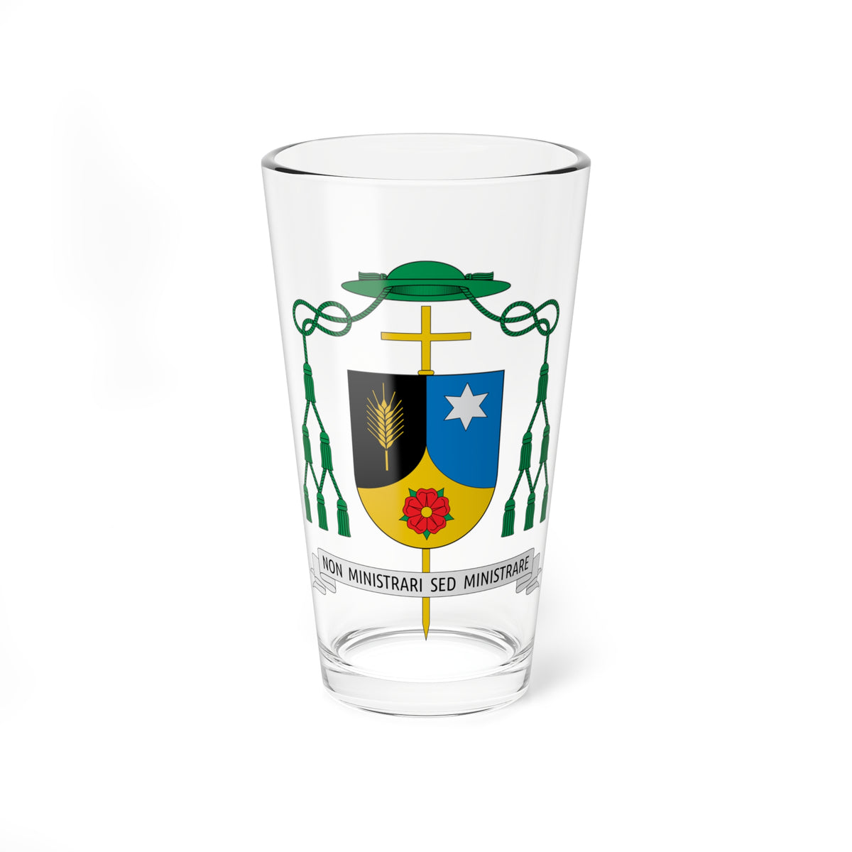 Ecclesiastical coat of arms with a green galero, wheat sheaf, star, red rose and a Latin motto banner.