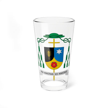 Ecclesiastical coat of arms with a green galero, wheat sheaf, star, red rose and a Latin motto banner.