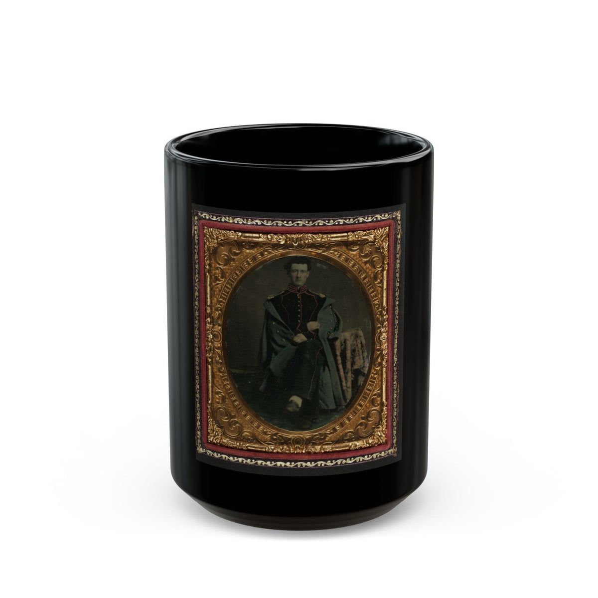 Private William P. Haberlin Of Battery B, Pennsylvania Light Artillery In Uniform With Shoulder Scales And Great Coat (U.S. Civil War) Black Coffee Mug
