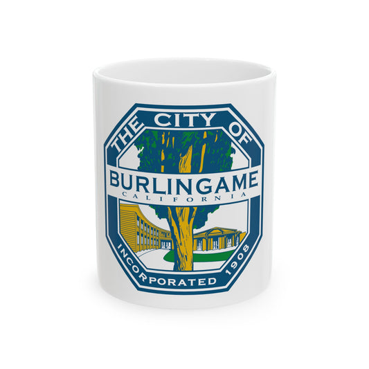 Octagonal civic seal of Burlingame, California, with a large tree before two municipal buildings in blue and gold.