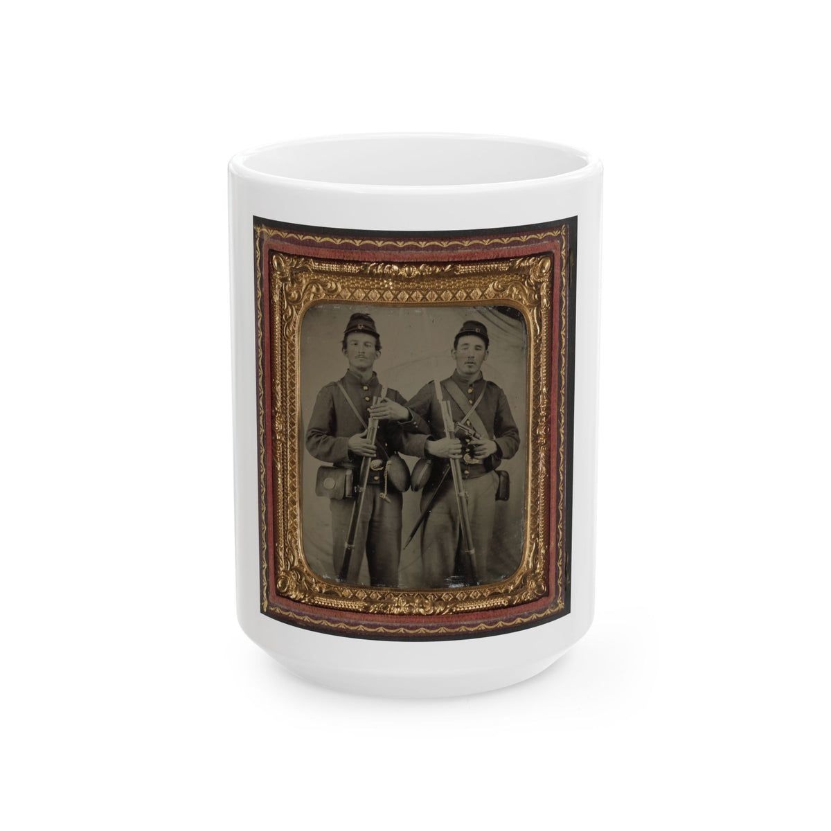 Two Unidentified Soldiers In Union Uniforms With Model 1809 Prussian Bayoneted Muskets And Model 1858 Cloth-Covered Canteens (1) (U.S. Civil War) White Coffee Mug