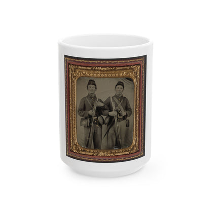 Two Unidentified Soldiers In Union Uniforms With Model 1809 Prussian Bayoneted Muskets And Model 1858 Cloth-Covered Canteens (1) (U.S. Civil War) White Coffee Mug