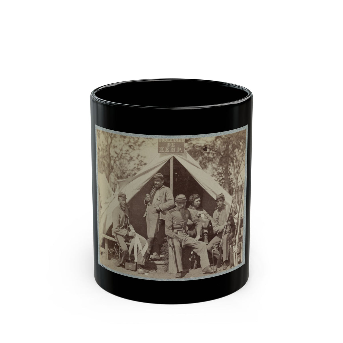 Sepia print showing five soldiers posed before a white canvas tent beneath a sign, two of them holding rifles.