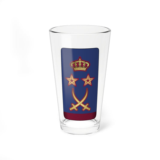 Navy military shoulder board with a crown, two stars and crossed sabres in gold, above maroon stripes at its base.