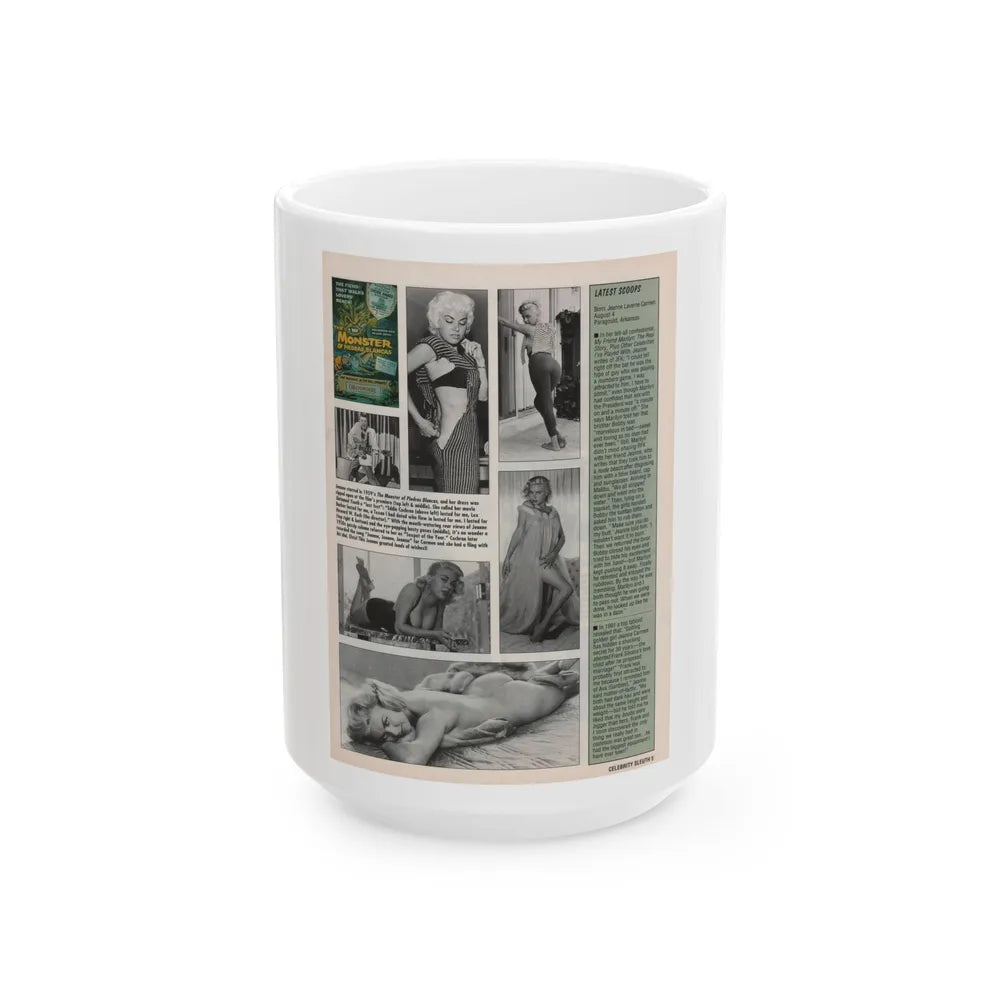 Jeanne Carmen #145 - Celebrity Sleuth Magazine Article, 5 B&W Photos & 1 Movie Poster on Page 5 (Vintage Female Icon) White Coffee Mug-15oz-Go Mug Yourself