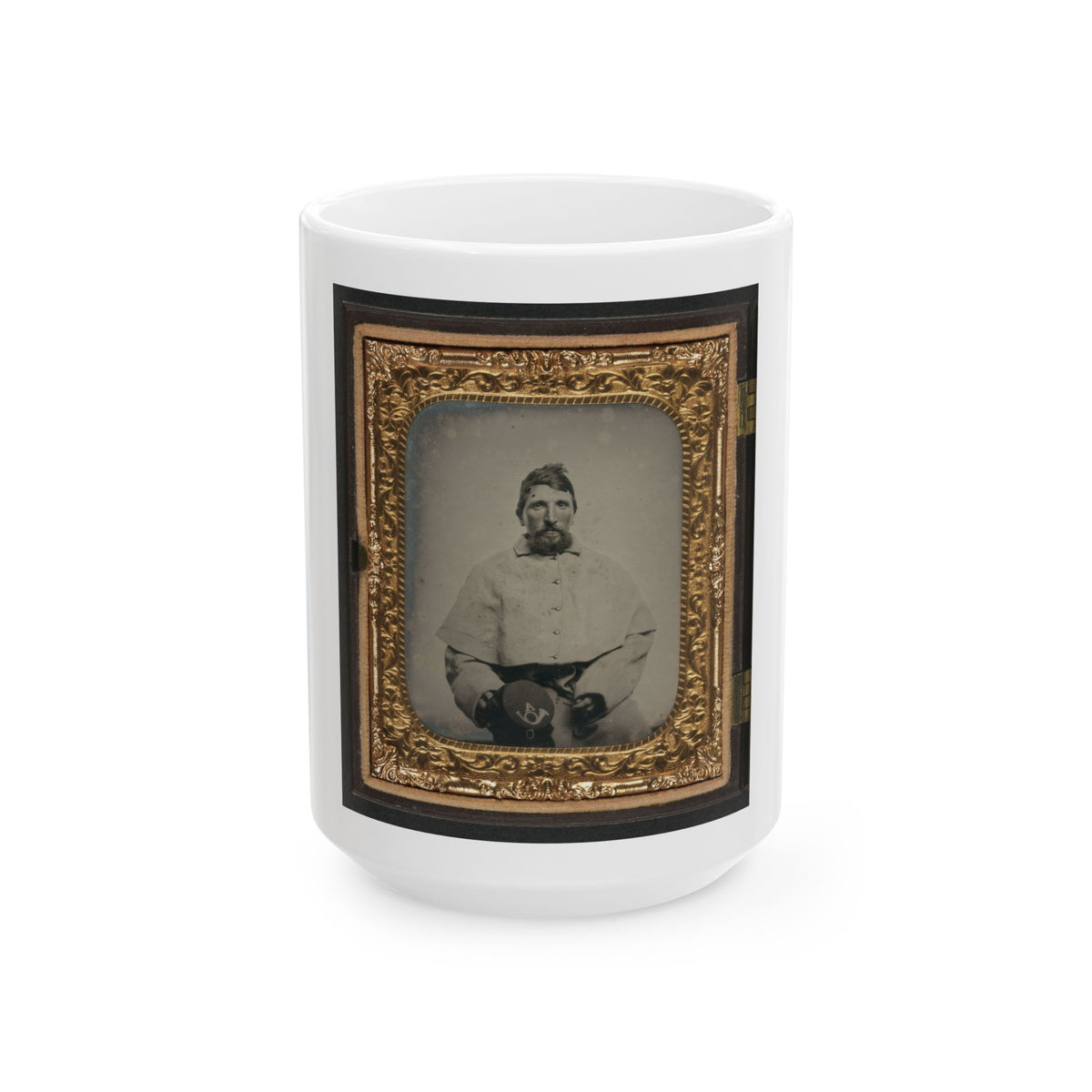 Unidentified Soldier In Union Greatcoat Holding Kepi With Infantry Company A Insignia (U.S. Civil War) White Coffee Mug