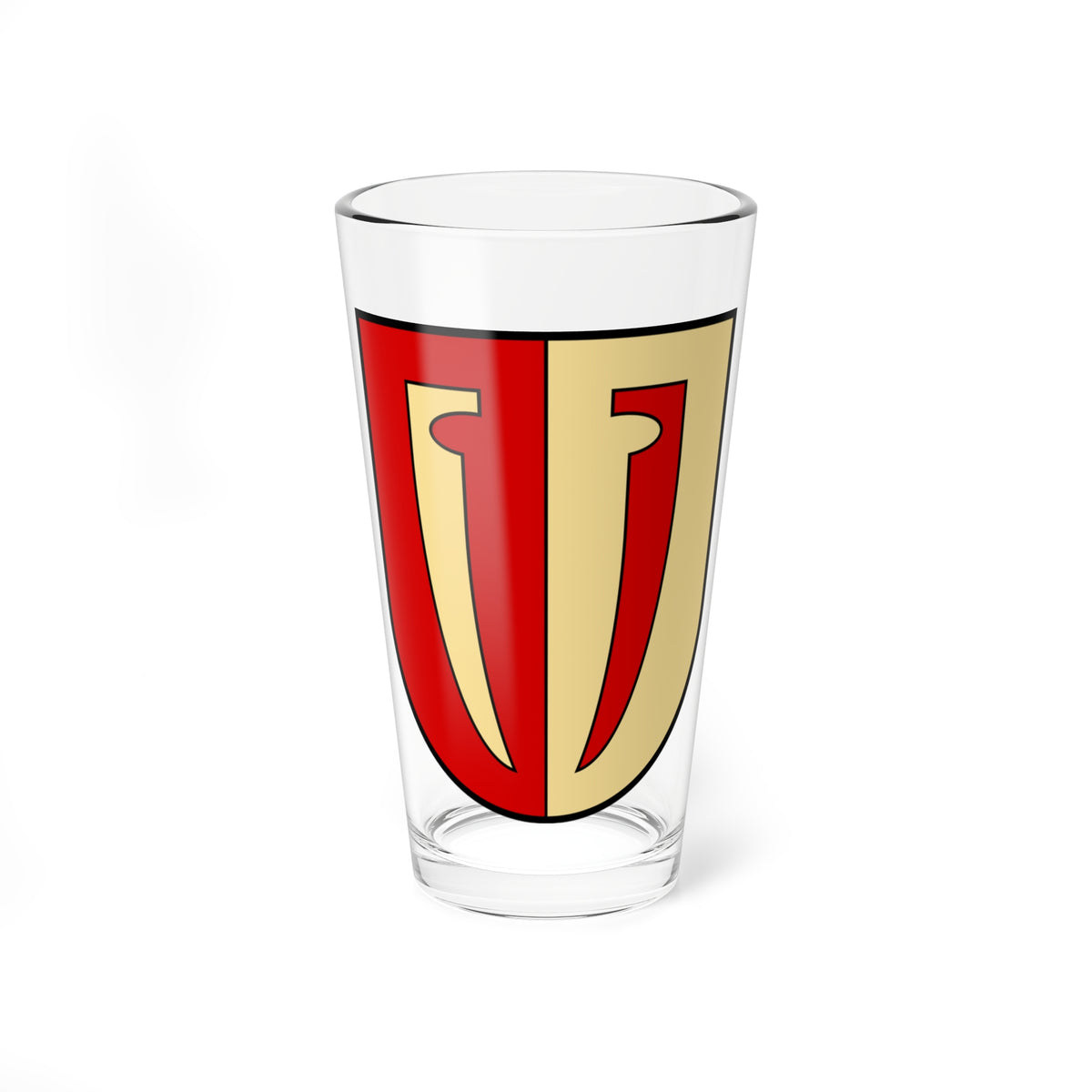 Shield split vertically in red and pale yellow, each half holding a black-outlined hook shape mirrored in the centre.