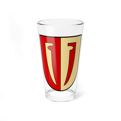Shield split vertically in red and pale yellow, each half holding a black-outlined hook shape mirrored in the centre.