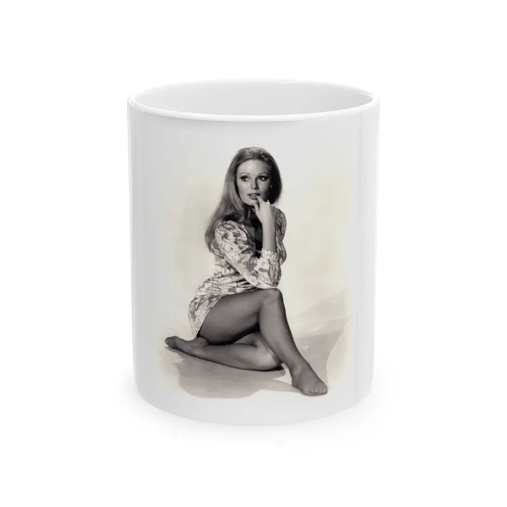 Veronica Carlson #10 - 8x10 B&W Glamour Full Body Dress & Stockings Shot #022 (Vintage Female Icon) White Coffee Mug-11oz-Go Mug Yourself