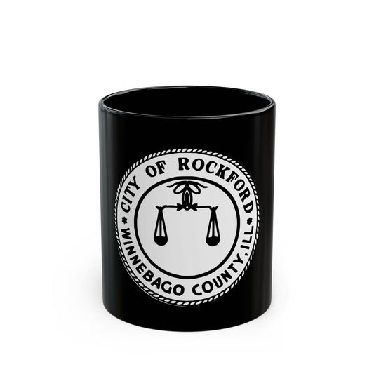 Black and white circular seal of Rockford, Illinois, showing scales of justice under a finial within a rope border.