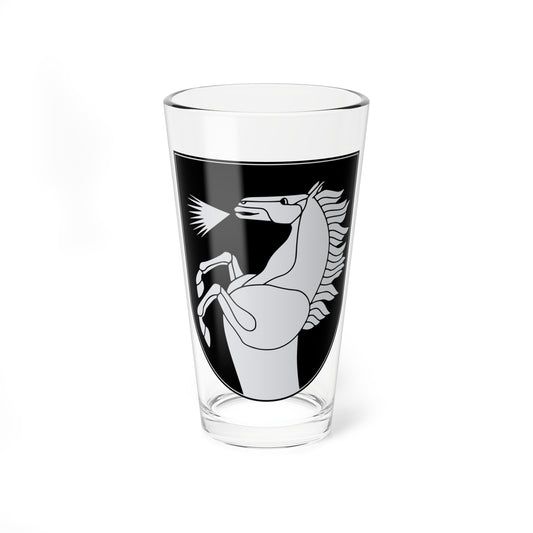 Silver rampant horse with a flowing mane on a black heraldic shield with a thin silver border.