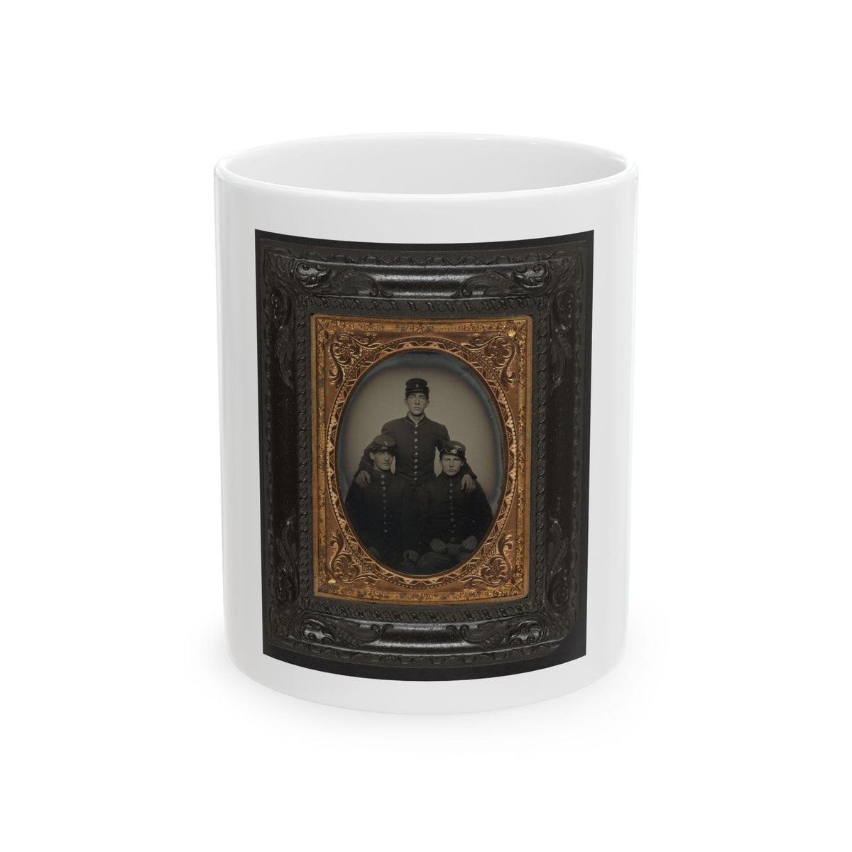 Three Unidentified Soldiers In Union Uniforms And Company E, 8th Regiment Forage Caps (U.S. Civil War) White Coffee Mug