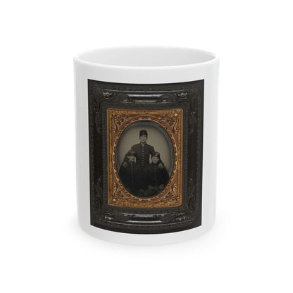 Three Unidentified Soldiers In Union Uniforms And Company E, 8th Regiment Forage Caps (U.S. Civil War) White Coffee Mug