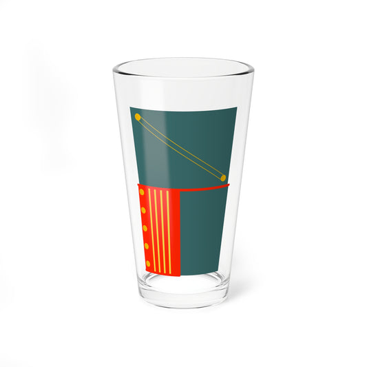 Flat teal trapezoid with a red panel at lower left holding yellow dots, crossed by a thin yellow diagonal strap.