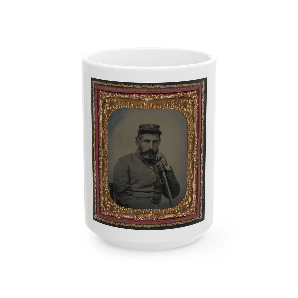 Unidentified Soldier In Confederate Sargeant's Uniform And Company B Hat With Saber (U.S. Civil War) White Coffee Mug