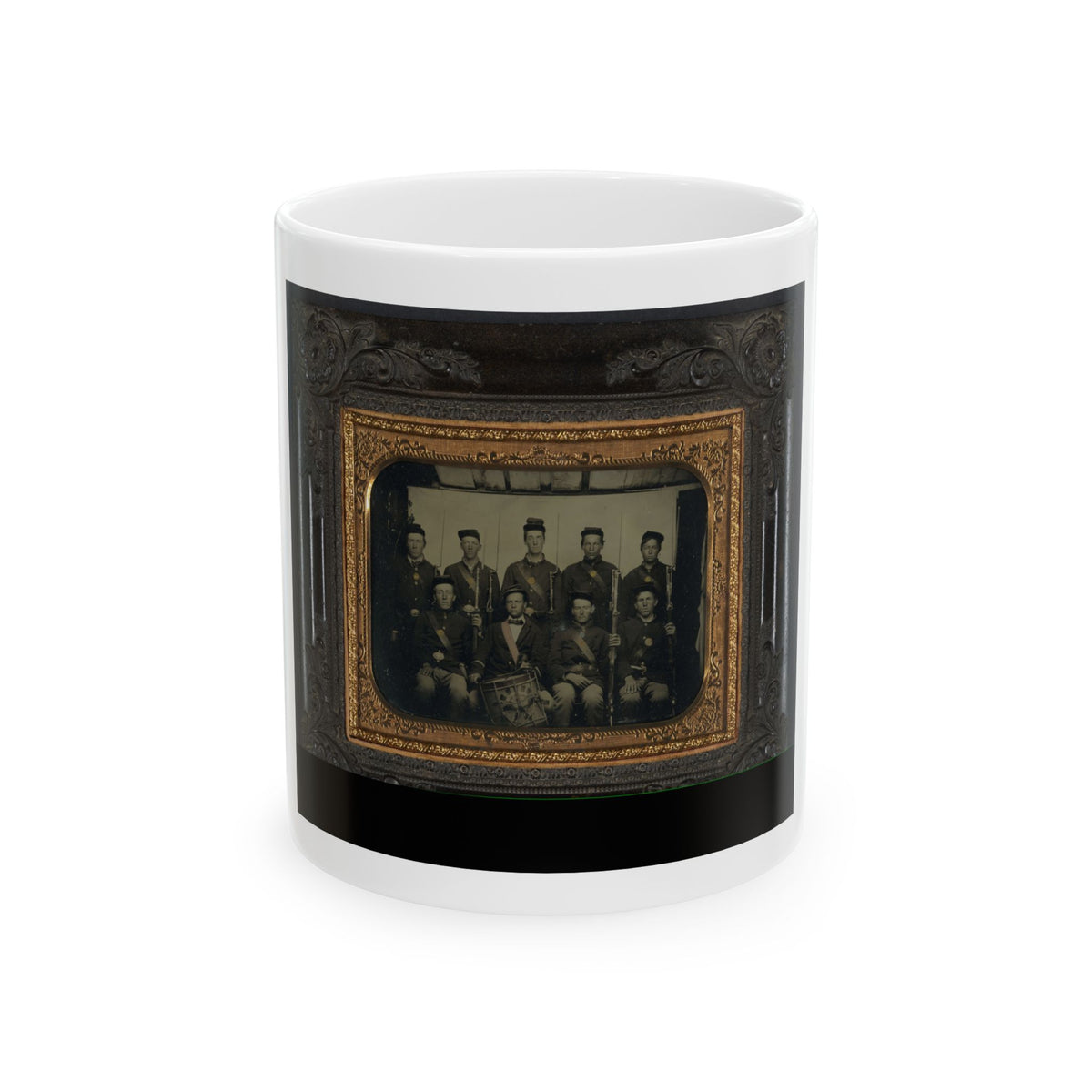 Nine Unidentified Soldiers In Union Uniforms And Forage Caps, Eight With Bayoneted Muskets And One With A Drum (U.S. Civil War) White Coffee Mug
