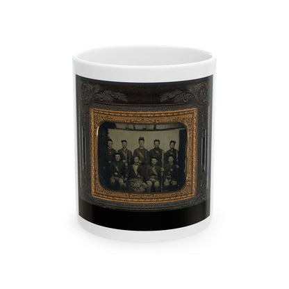 Nine Unidentified Soldiers In Union Uniforms And Forage Caps, Eight With Bayoneted Muskets And One With A Drum (U.S. Civil War) White Coffee Mug