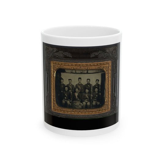 Nine Unidentified Soldiers In Union Uniforms And Forage Caps, Eight With Bayoneted Muskets And One With A Drum (U.S. Civil War) White Coffee Mug