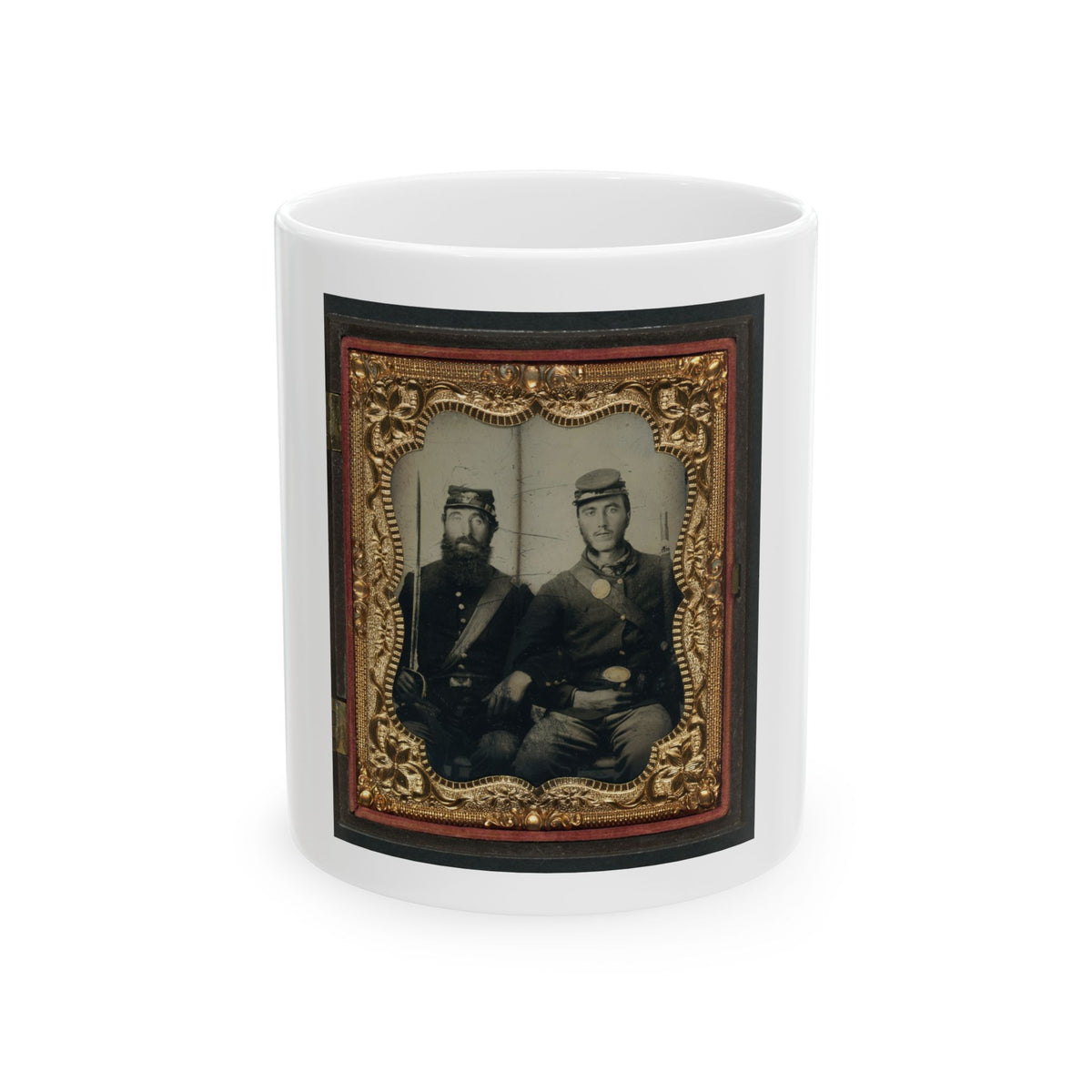 Two Unidentified Soldiers In Union Uniforms And Forage Caps With Saber And Musket (U.S. Civil War) White Coffee Mug