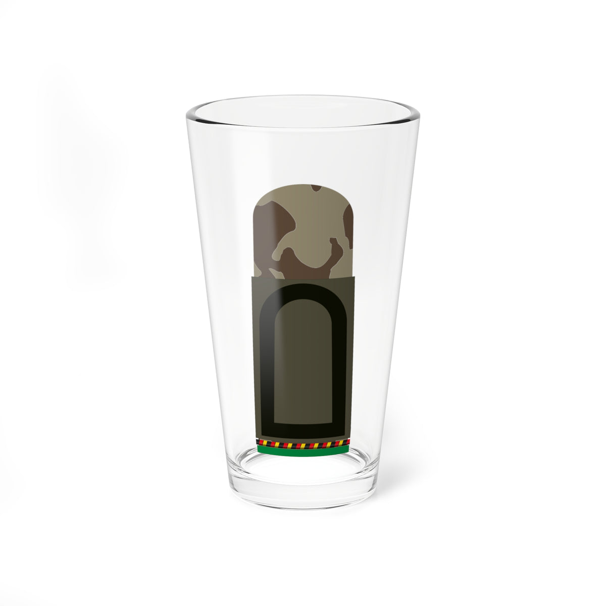 Flat vector olive shoulder board with black arched border and blank centre under a tan and brown camouflage flap.