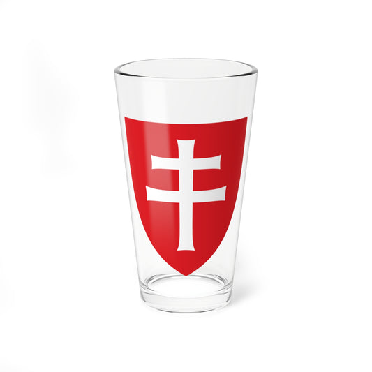 White triple-barred cross centred on a red heraldic shield with a pointed base, set on a white background.