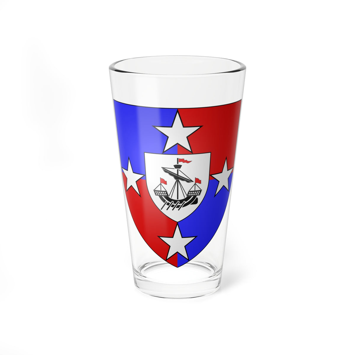 Heraldic shield split into red and blue quarters, with four white stars and a white panel showing a black galley ship.