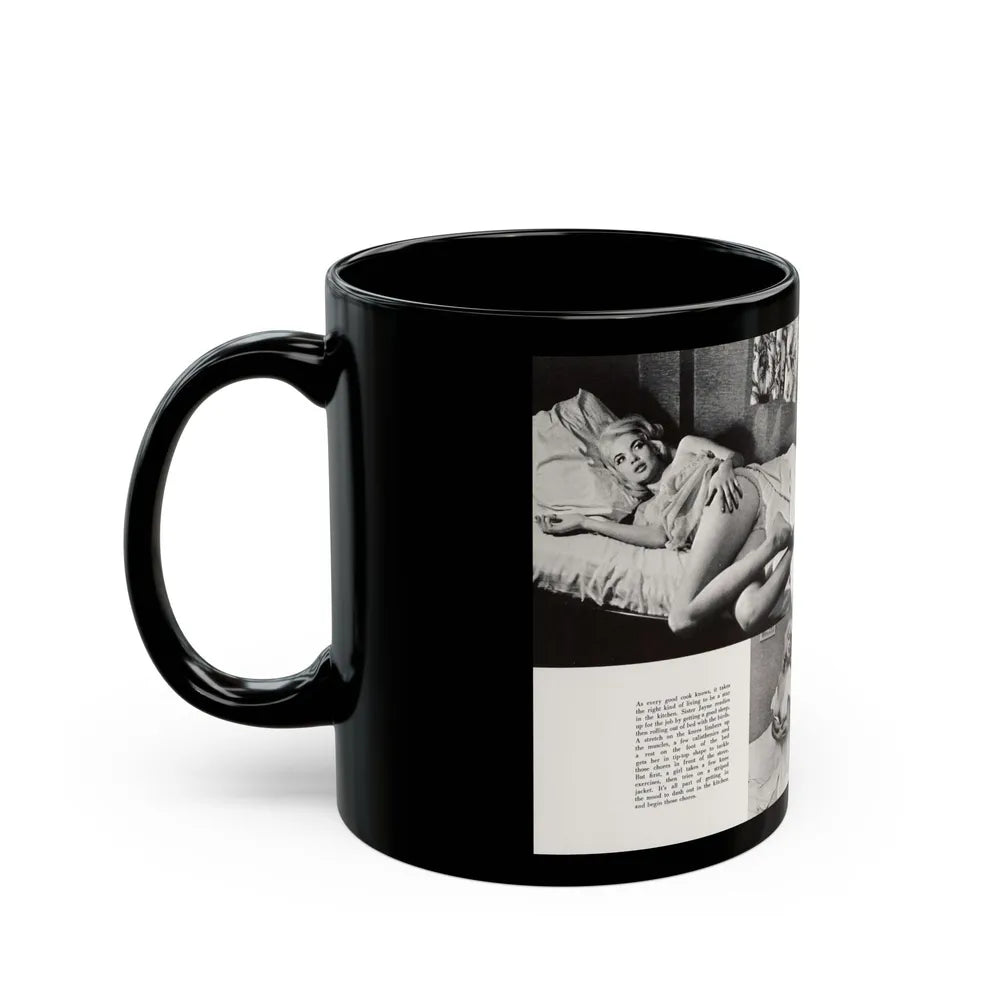 Jayne Mansfield #181 - 2 Pages, 5 B&W Photos & Captions from SCAMP Mag. May '57 (Vintage Female Icon) Black Coffee Mug-Go Mug Yourself