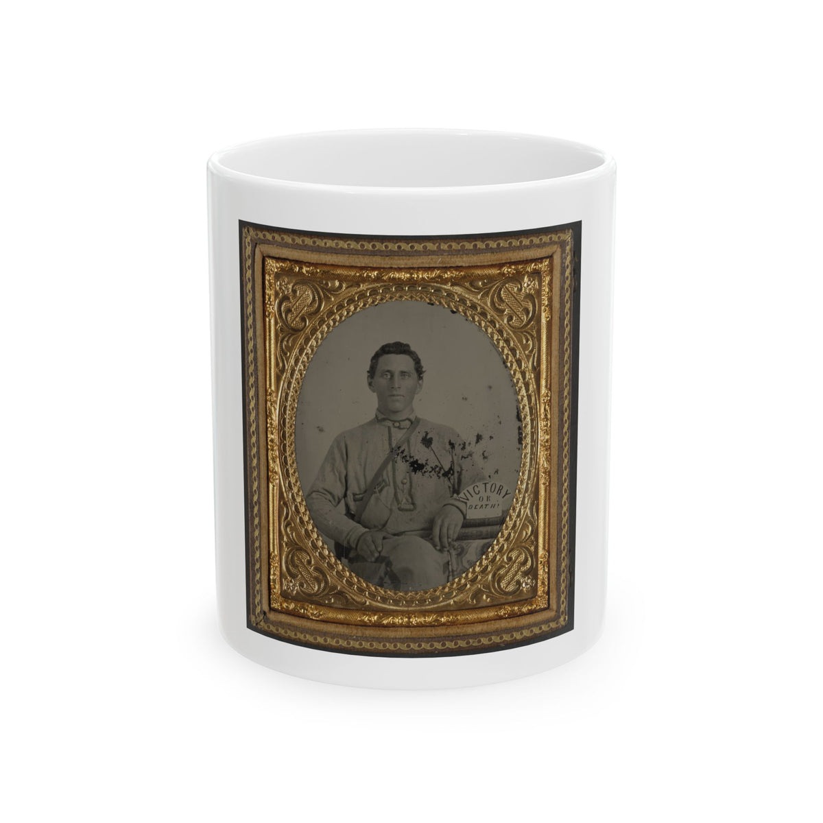 Antique tintype of a seated man in a light jacket, in an ornate gilt oval case with a paper label reading Victory or Death.