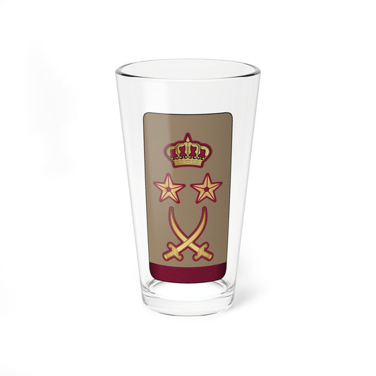 Tan trapezoid shoulder board with a gold crown, two gold stars and crossed sabres over a crimson striped band.
