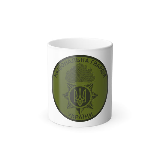 Circular olive green emblem of the National Guard of Ukraine with a trident and flaming grenade.