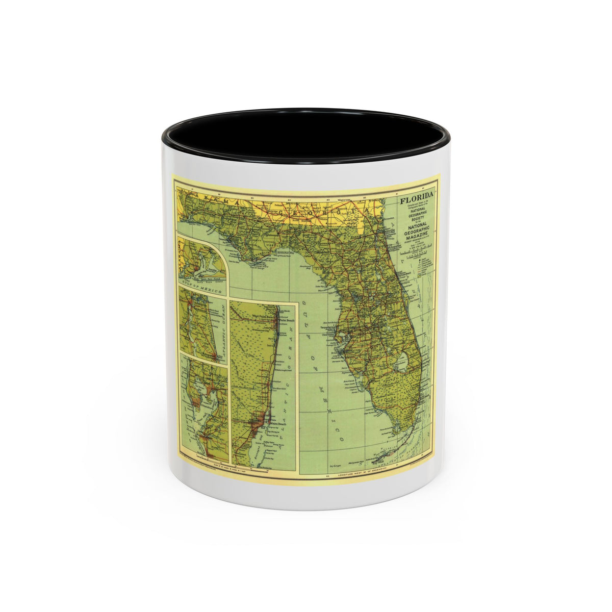 Vintage 1930 map of Florida in pale green, with coastal inset maps of Pensacola, Jacksonville, Tampa and Miami.