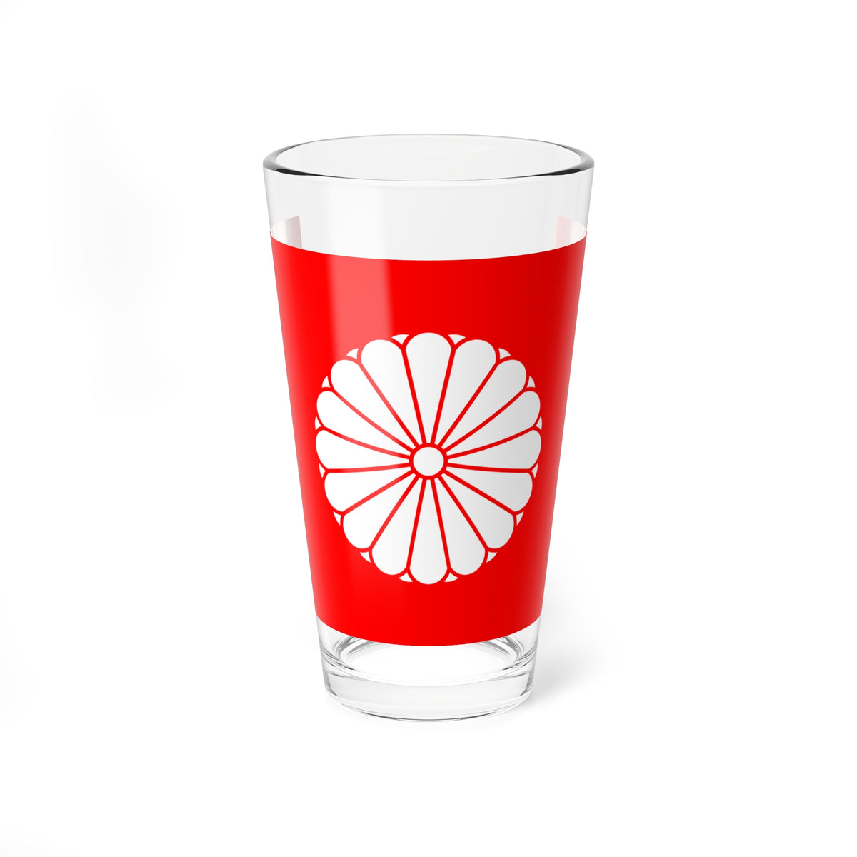 White sixteen-petalled chrysanthemum emblem with a red centre disc, centred on a solid red field.