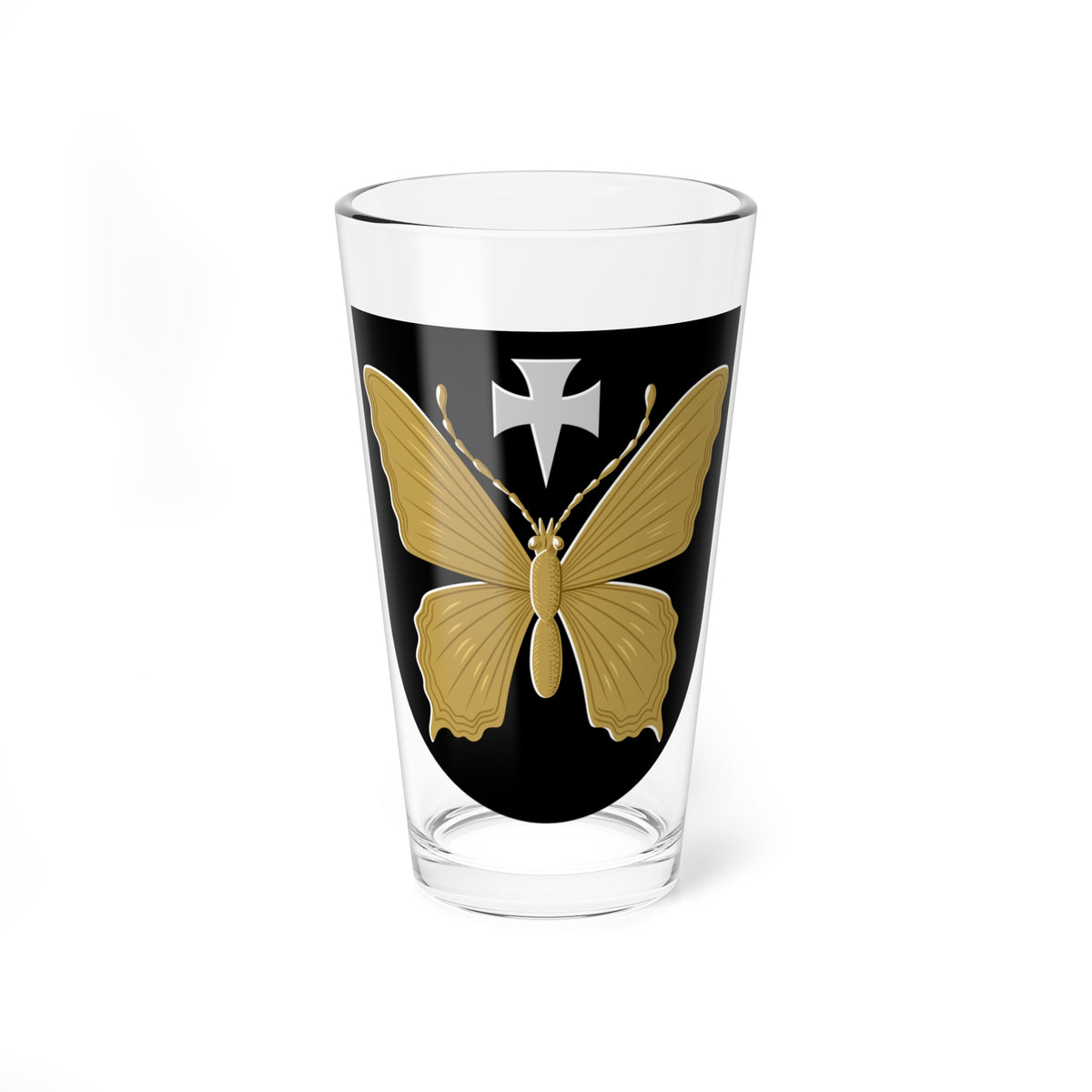Gold butterfly with spread, veined wings and beaded antennae on a black shield beneath a silver cross.