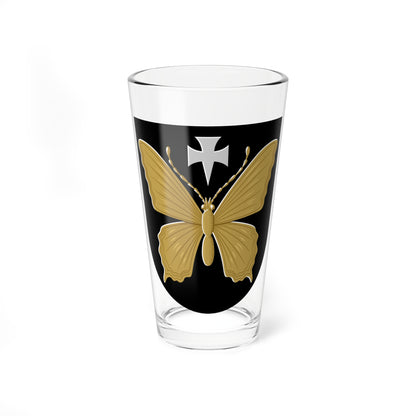 Gold butterfly with spread, veined wings and beaded antennae on a black shield beneath a silver cross.