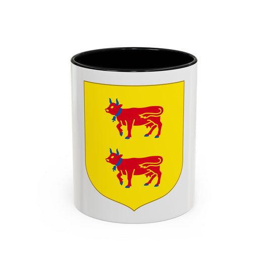 Yellow heraldic shield with two red cows facing right, each with blue horns, collar and bell.