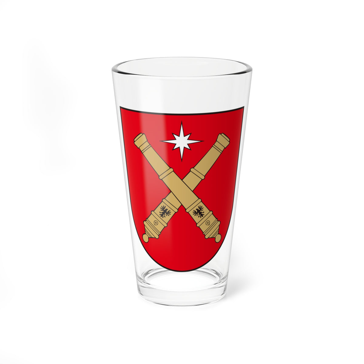 Red heraldic shield with two gold cannons crossed in saltire beneath a white eight-pointed star.