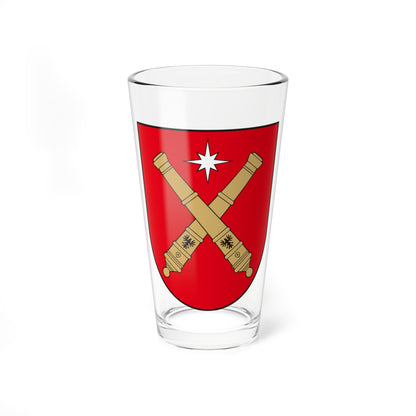 Red heraldic shield with two gold cannons crossed in saltire beneath a white eight-pointed star.