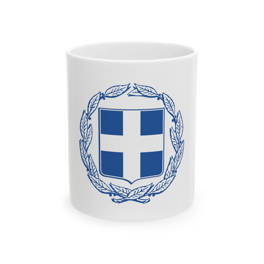 Blue line-drawn laurel wreath encircling a shield divided into blue and white quadrants forming a white cross.