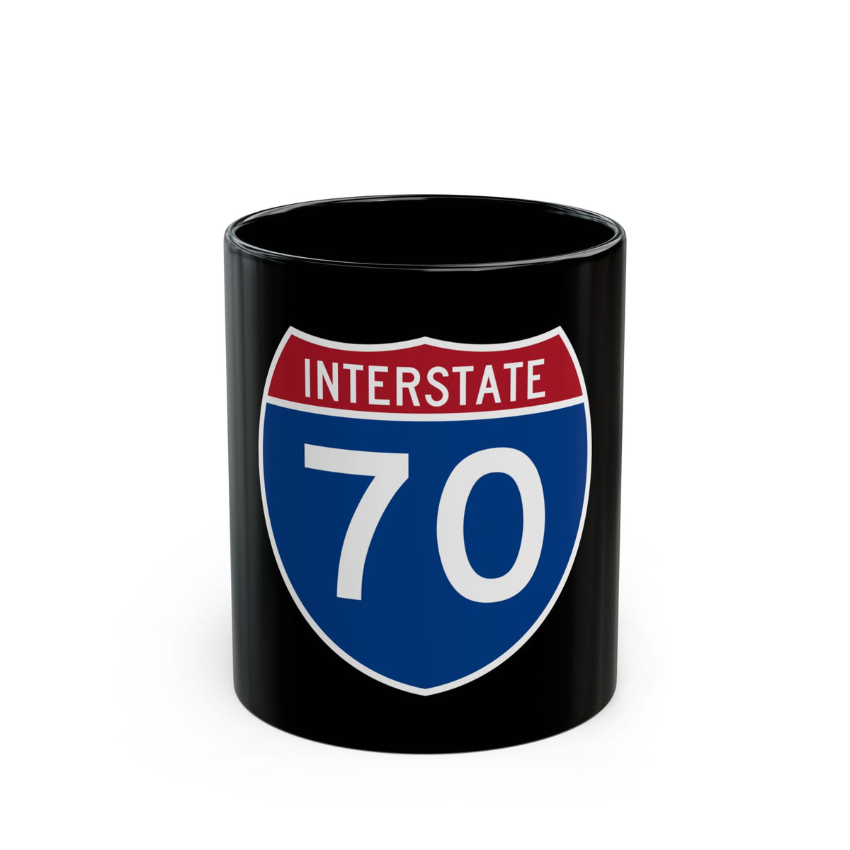 Flat vector US Interstate 70 highway shield with white INTERSTATE lettering above the number 70 on a navy blue field.