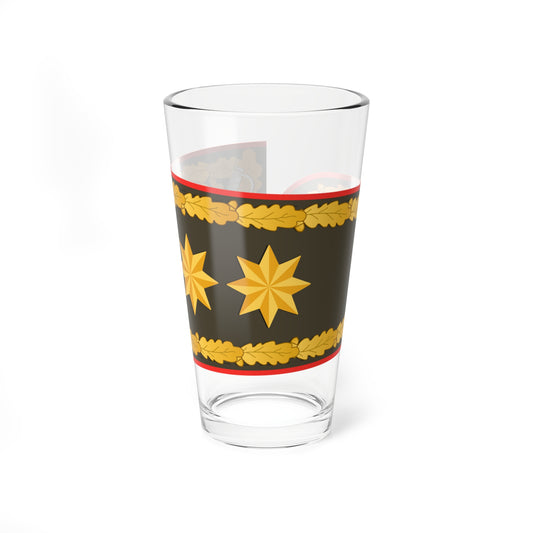Dark brown military shoulder board edged with gold oak leaves, two gold stars, a crescent and a round badge.