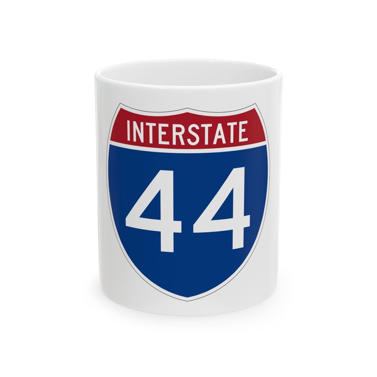 Flat vector shield of Interstate 44 with a red top band reading INTERSTATE and white numerals on dark blue.