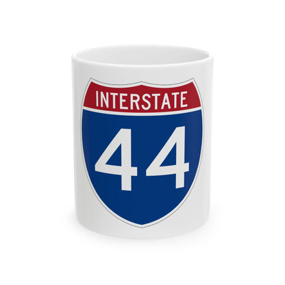 Flat vector shield of Interstate 44 with a red top band reading INTERSTATE and white numerals on dark blue.