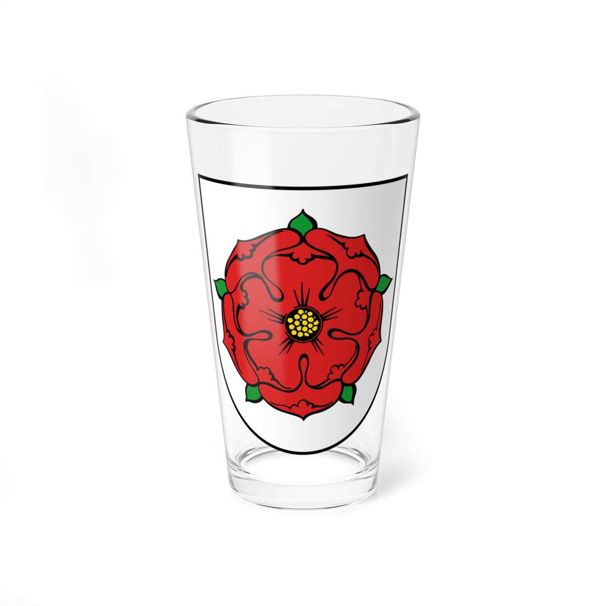 Red heraldic rose with five green sepals and a yellow-dotted centre, set on a white shield.