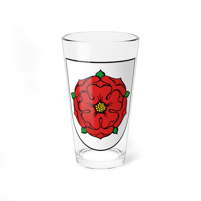 Red heraldic rose with five green sepals and a yellow-dotted centre, set on a white shield.
