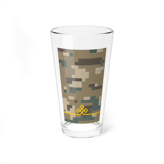 Pixelated khaki and green camouflage pattern with a yellow interlocking diamond chain motif and a yellow horizontal line.
