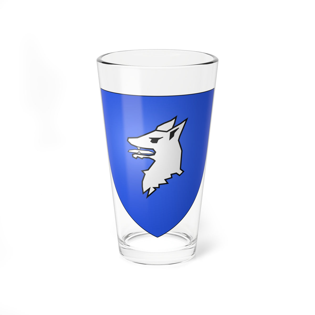 Blue heraldic shield with a white wolf's head in profile facing left, its jaws open and outlined in black.